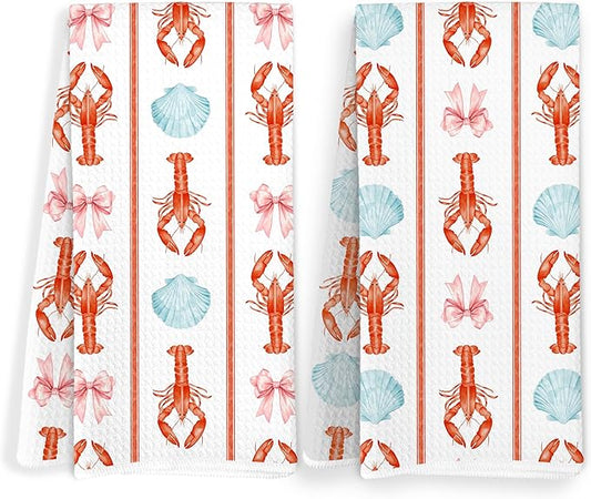 Coquette Lobster Seashell Coastal Kitchen Towels, Coastal Beach Dish Tea Towels for Kitchen Decor, Preppy Beach Hand Towels, Seafood Boil Party Supplies, 16x24 Inch Set of 2