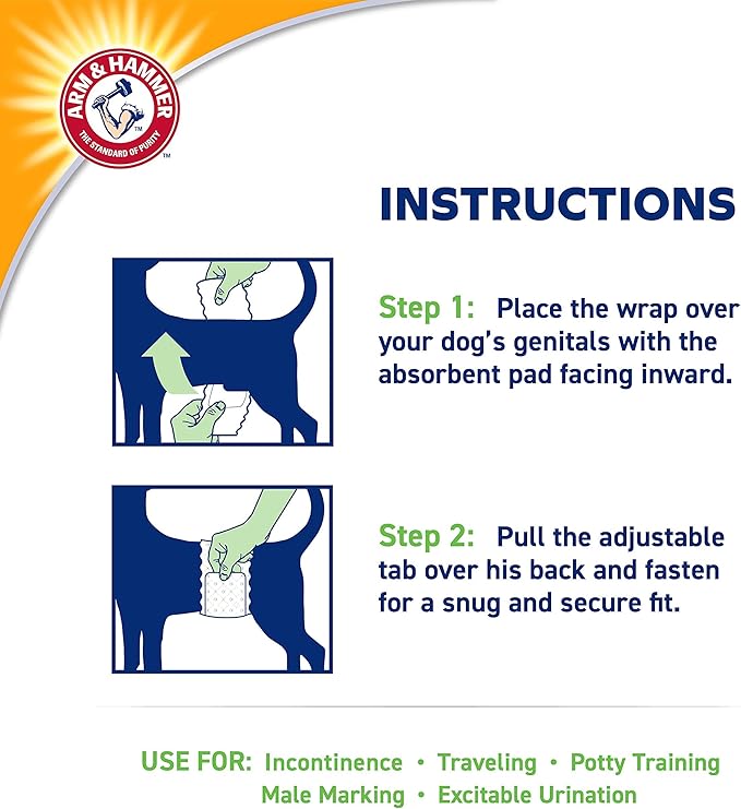 Arm & Hammer Medium Male Dog Wraps, Disposable Belly Band Diapers with Baking Soda Odor Control, Super Absorbent Leak Resistant Design for Marking and Incontinence, 15-23 Inch Waist, 12 Count