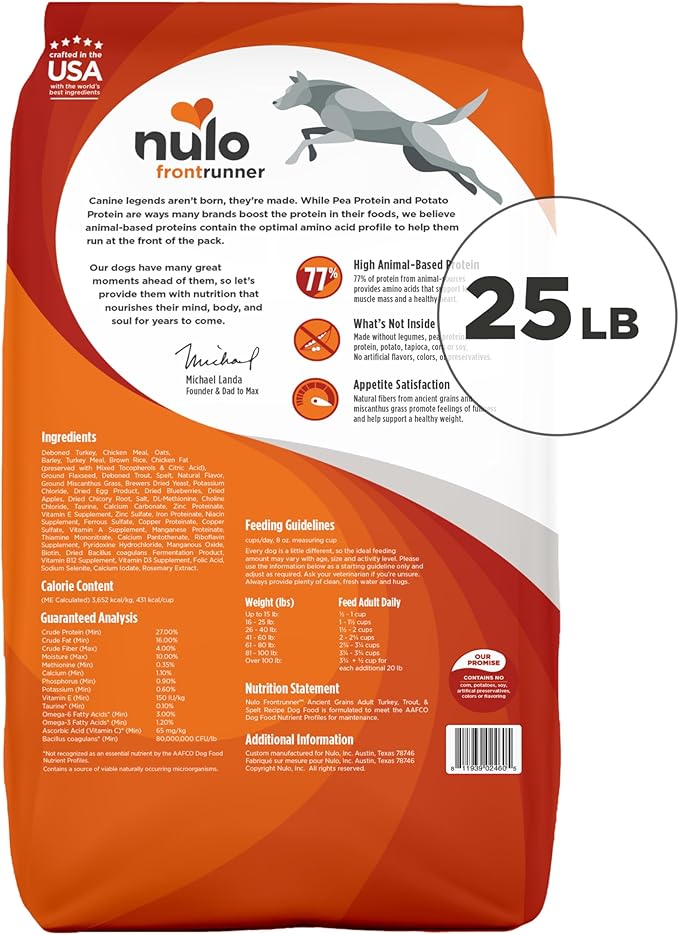 Nulo Frontrunner Dry Dog Food - Adult High-Protein Turkey, Trout & Spelt Recipe, Natural Kibble with Ancient Grains, Probiotics, Taurine, Omega 3 for Small, Medium and Large Breeds, 25lb Bag