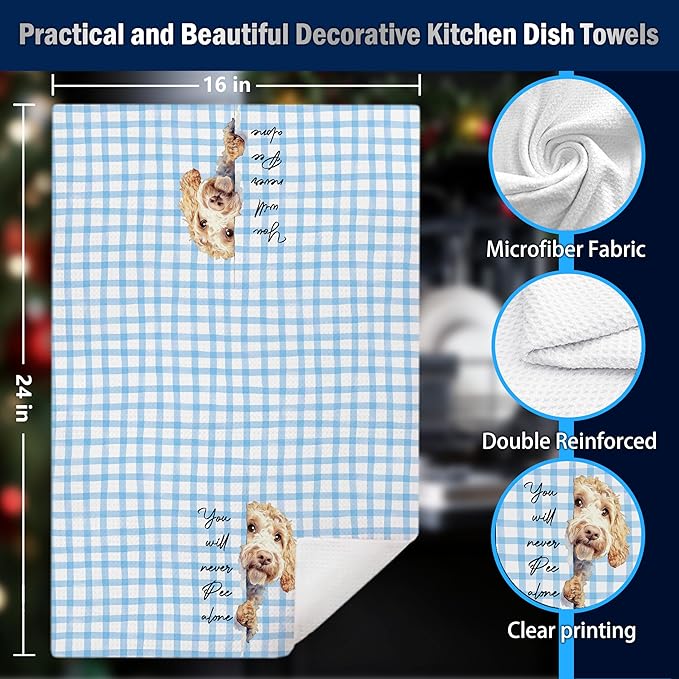 Funny Golden Doodle Bathroom Hand Towels, Goldendoodle Gifts for Women Men, Blue Preppy Plaid Striped Doodle Decorative Hand Tea Towels for Washroom Toilet Restroom, 16x24 Inches Set of 2