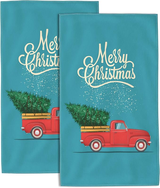 Bath Hand Towels Set of 2 Retro Red Truck with Christmas Tree Towels for Bathroom Soft Absorbent Decorative Hand Towel for Kitchen Sports Gym Yoga Home Decor 14 x 28 in