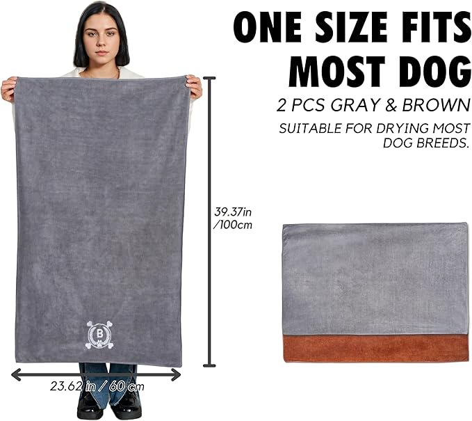 InnoBeta Personalized Dog Towels for Drying Dogs - Pack of 2 - Super Absorbent Soft Microfiber Pet Bath Grooming Towel for Dogs, Monogrammed Initial for Dogs (40 X 23.6 Inches, Grey and Brown) - A