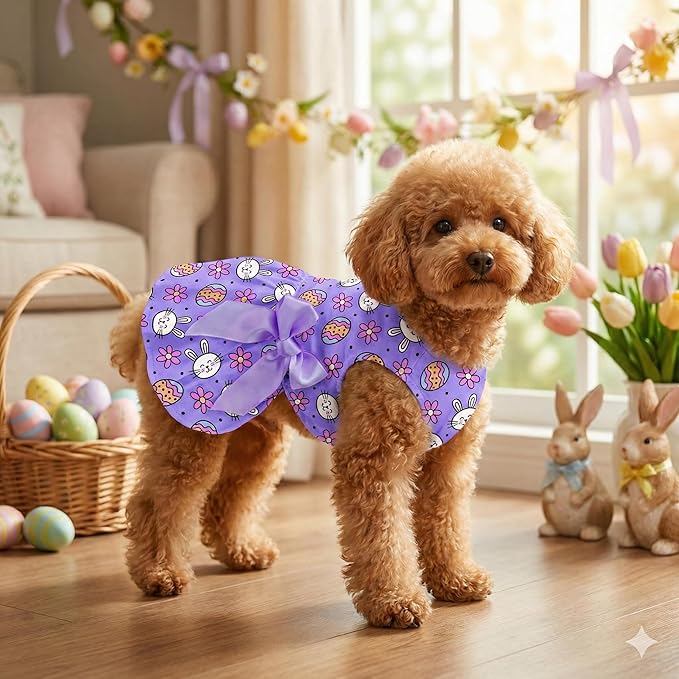 Easter Dog Dress Purple Bunny & Egg Pattern, Cute Spring Girl Puppy Skirt with Large Satin Bow, Soft Breathable Pet Clothes for Small Medium Dogs & Cats, Holiday Party Outfit Apparel