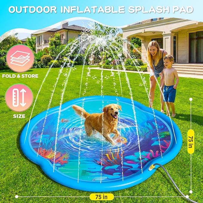 Splash Pad Sprinkler for Kids & Dog, 75" Round Sea World Splash Pad for Toddler 4-8, Thicken Outdoor Water Toy Play Mat for Children, Backyard Inflatable Sprinkler Shallow Pool Fountain Pad