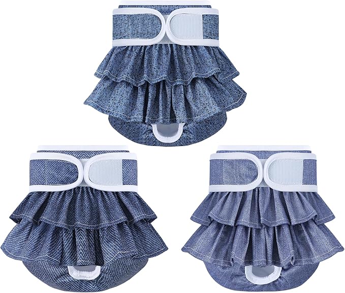 Reusable Dog Diapers Female 3 Pack Doggie Diapers for Period Heat Incontinence Puppy Training (X-Small, Jeans)