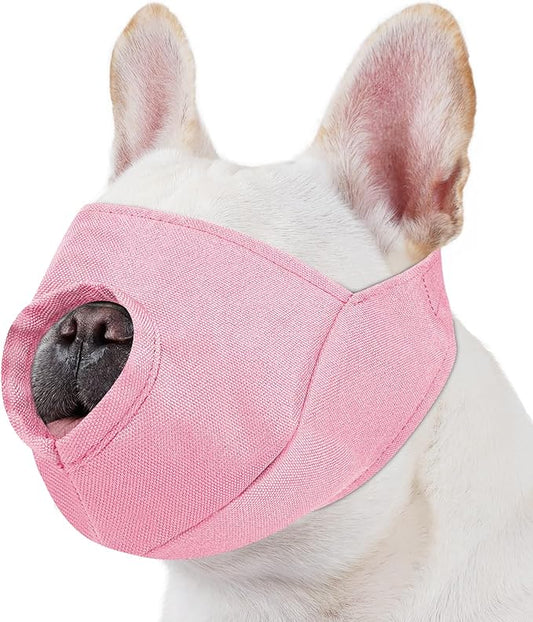 BARKLESS French Bulldog Calming Muzzle – Short Snout Eye-Shading Cover for Grooming & Vet Visits, Soft Breathable Dog Muzzle to Help Reduce Biting (Pink, M)