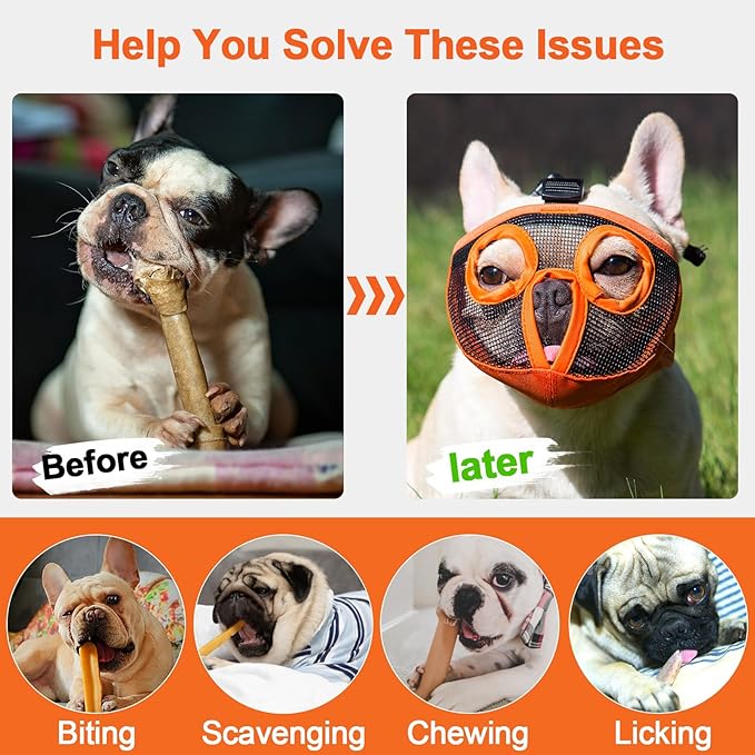 Short Snout Dog Muzzles- Adjustable Breathable Mesh Bulldog Muzzle for Biting Chewing Licking Grooming Dog Mask,Orange N-S