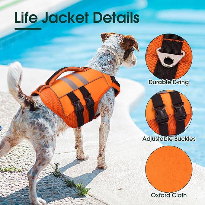 Kuoser Small Dog Life Jacket, High Flotation Puppy Safety Vest for Swimming Boating, Reflective Doggie Water Vest Pet Life Preserver with Rescue Handle, Orange S