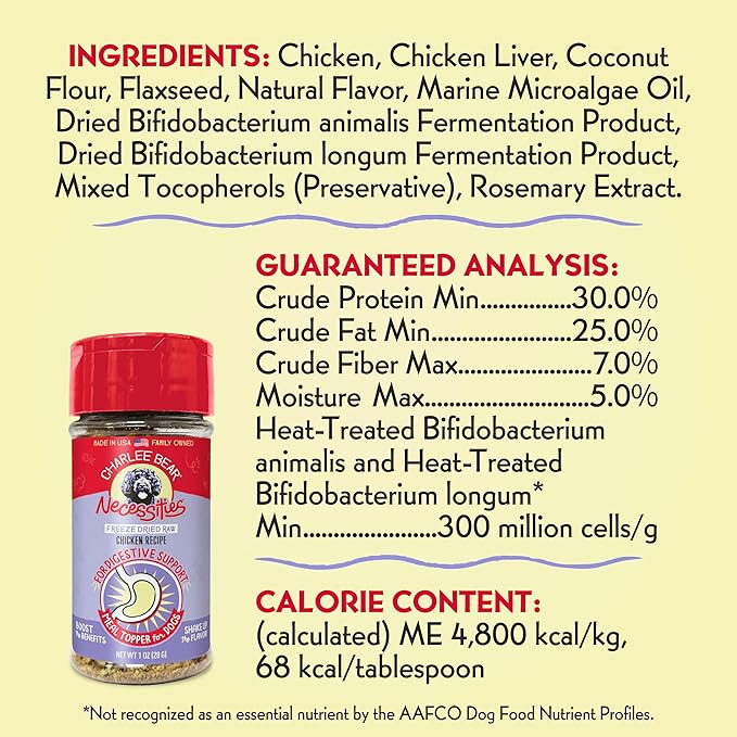Charlee Bear Necessities Freeze Dried Dog Food Topper, Digestive Health Support, Grain Free, High Protein, Limited Ingredient Meal Toppers for Dogs, Chicken Recipe, 1 Ounce