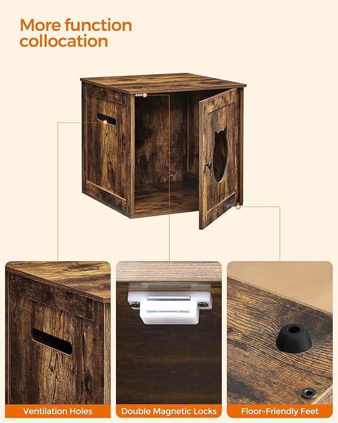 Feandrea Cat Litter Box Furniture, Hidden Litter Box Enclosure Cabinet with Single Door, Indoor Cat House, End Table, Nightstand, Rustic Brown UPCL004X01