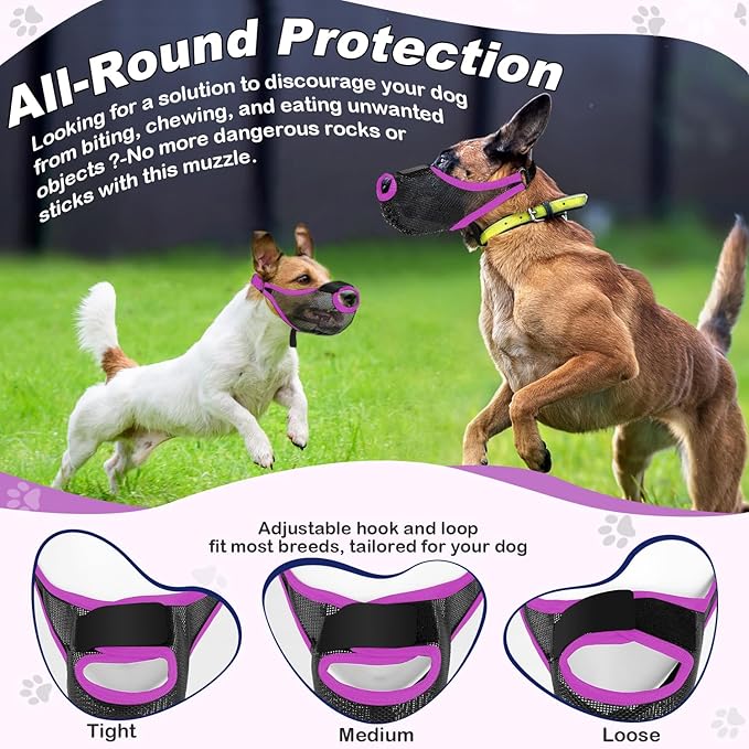 Dog Muzzle with Front Opening for Training and Treats, Breathable Air Mesh Muzzle for Biting Chewing Scavenging, Soft Lightweight Adjustable Mouth Guard for Small Medium Large Dogs(Purple,XL)