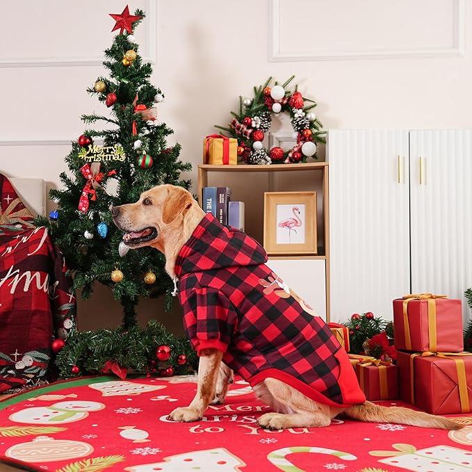 EXPAWLORER Plaid Dog Hoodie - British Style Warm Dog Sweater Shirt with Leash Hole,Pitbull Clothes Outfits,Winter Coat for All Breeds Puppy Girl Boy-Cat Apparel,Christmas Buffalo Check X-Large