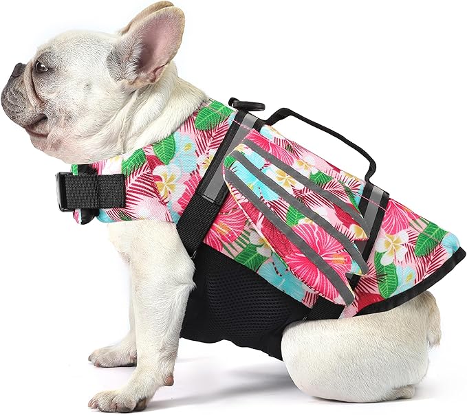 Dog Life Jacket, Wings Pet Life Vest for Swimming Boating Reflective Dog Flotation Swim Vest with Handle and Chin Float for Small Medium Large Size Dogs, S, Floral Pink
