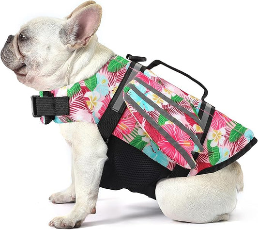 Dog Life Jacket, Wings Pet Life Vest for Swimming Boating Reflective Dog Flotation Swim Vest with Handle and Chin Float for Small Medium Large Size Dogs, S, Floral Pink