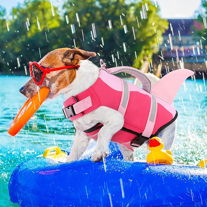 AOFITEE Dog Life Jacket, Dog Life Vest for Swimming, Shark Dogs Swimming Vest with Rescue Handle and Reflective Stripe, Ripstop Pet Float Coat Swimsuit Lifesaver Small Medium Large Dogs Pink XS