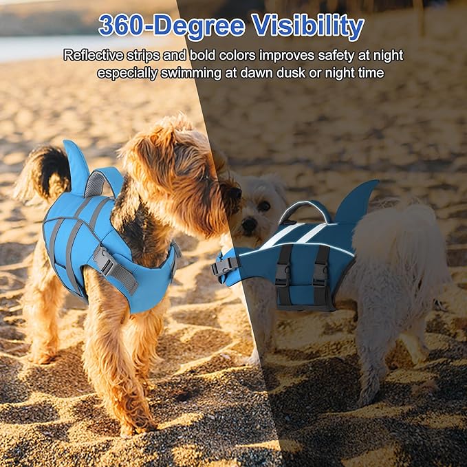 Dogcheer Dog Harness-Style Life Jacket Shark, Reflective Dog Life Vest for Swimming Boating, Adjustable Puppy Swim Vest, Pet Floating Device for Small Medium Large Dogs - Blue, XS