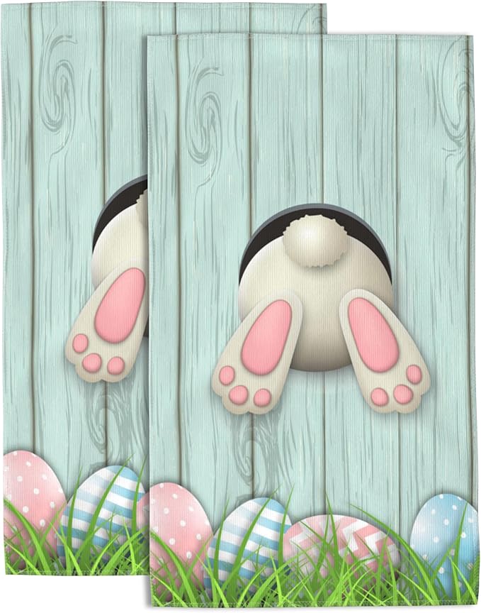 Easter Eggs Hand Towel,White Bunny Bottom Hand Bath Towels Set of 2 Dish Towels Soft Absorbent Decorative Hand Towels for Bathroom Kitchen Yoga Home Decor 14 x 28 in