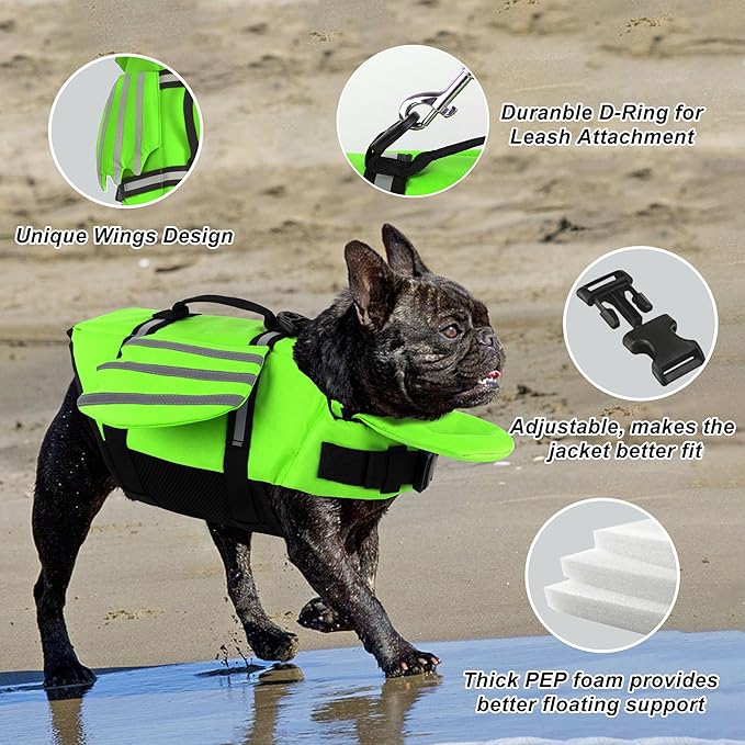 Dog Life Jacket, Cute Wings Adjustable Dog Life Vest with Chin Float and Handle for Swimming Boating Reflective High Buoyancy Swim Float Vest for Small Medium Large Dogs (Green, M)