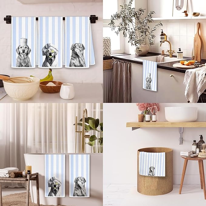 Funny Golden Retriever Hand Towels for Bathroom, Golden Retriever Lover Gifts, Blue Striped Dog Lovers Gifts Decorative Hand Towels for Bathroom Washroom Half Bath, 16x24 Inch Set of 3