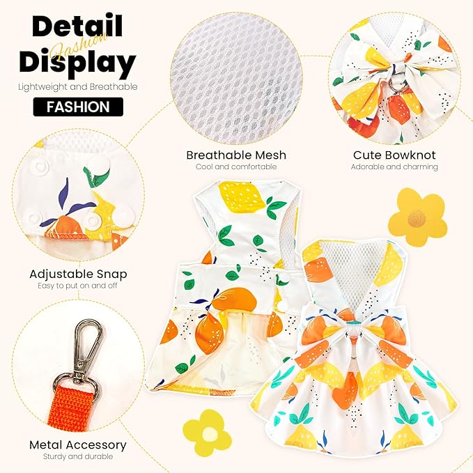 Cute Dog Dress Small Dog Clothes for Girls Female Puppy Outfits Yellow Lemon Pet Summer Clothes Bowknot Doggy Cat Princess Dress Harness for Holiday Birthday Party Costume Clothing(Yellow,L)