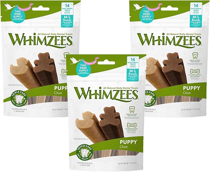 Whimzees 3 Pack of Puppy Daily Dental Treats, 14 Sticks Each, for Medium to Large Puppies