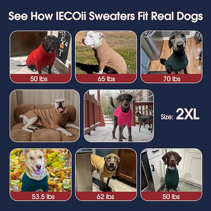 IECOii XXL Dog Sweater,Thermal Knit Big Dog Sweater with Sleeve,Pet Turtleneck Doggy Sweatshirt for Extra Large Dogs Boy Girl,Stretchy Large Dogs Cold Weather Outfit Pitbull Clothes,(Black,XXL)