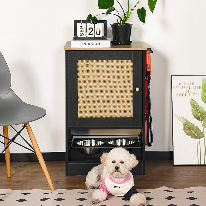 Pet Feeder Station Dog Feeding Station Dog Food Toy Storage Cabinet Storage Container with 2 Pull Out Bowls, Adjustable Panel, Side Hooks, Rattan Door, Black (20.5" Lx14.6 Wx32.1 H)