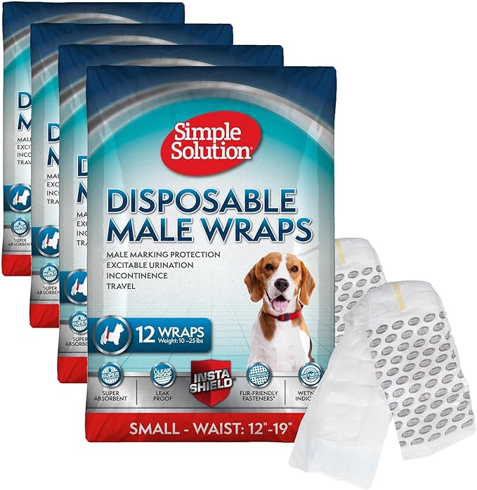 Simple Solution Disposable Dog Wraps, Male Dog Diapers, Puppy Potty Training, Incontinence and Travel Protection, Wraps for Small Dogs, 12-19 Inch Waist, 30 Count (Pack of 4)