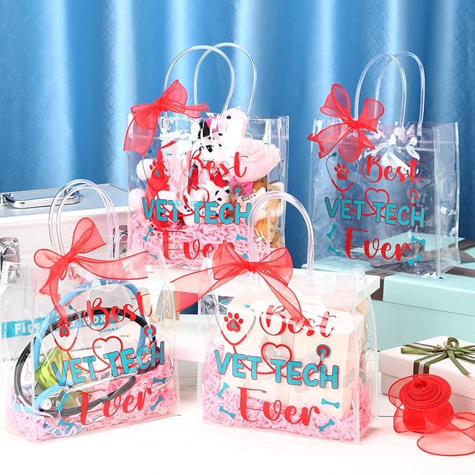 SilTriangle 24 Pcs Vet Tech Week Appreciation Bag with Handles Nurse Plastic Gift Bags Reusable Red Ribbon PVC Tote Bags Bulk for Vet Tech Coworkers Animal Lover