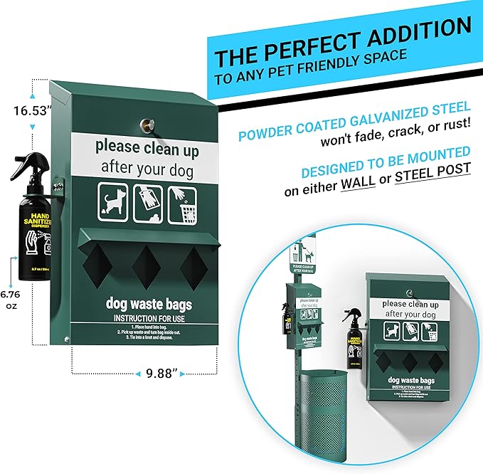 Flash Furniture Kessler Locking Dog Waste Bag Dispenser with Glow in the Dark Sign, Hand Sanitizer Bottle and Rain Guard - 600 Roll Bags Included