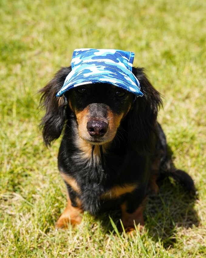 PET SHOW Dog Baseball Cap Camouflage Dog Visors for Medium Small Dogs Summer Waterproof Pet Sun Hats with Ear Holes Adjustable Drawstring Boy Puppy Hat -Blue/L