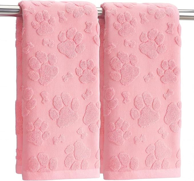 2pcs Pink Dog Paw Hand Towels for Bathroom Pink Cotton Jacquard Kitchen Bath Hand Towels Set Decorative Weave 3D Kitchen Dish Towel Cute Dog Soft Absorbent Bathroom Towel Home Decor Gift