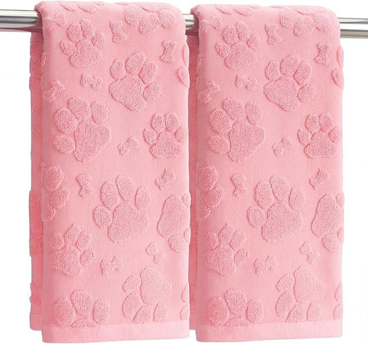 2pcs Pink Dog Paw Hand Towels for Bathroom Pink Cotton Jacquard Kitchen Bath Hand Towels Set Decorative Weave 3D Kitchen Dish Towel Cute Dog Soft Absorbent Bathroom Towel Home Decor Gift