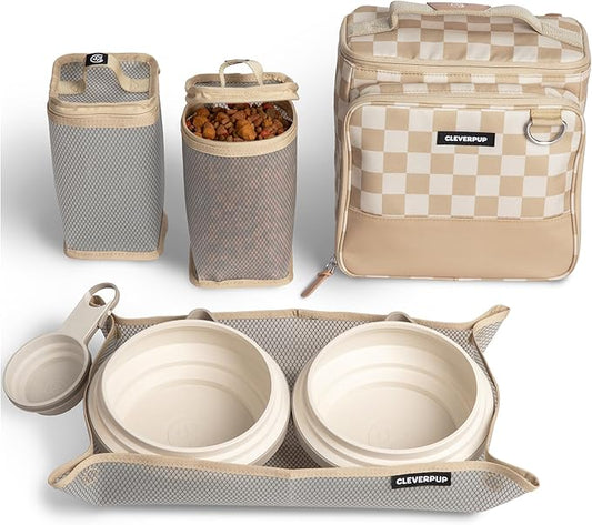 Cleverpup, Large 7-Piece Bistro Box Dog Food Travel Kit, 12-Cup Kibble Storage, 2 Silicone Bowls, Mat & Scoop - Premium Portable Pet Food Kit for Weekends, Overnights, Daycare & Camping, Checkerboard
