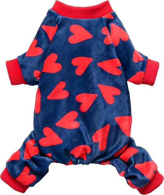 Fitwarm Valentines Day Sweet Hearts Dog Pajamas, Dog Winter Clothes for Small Dogs Girl Boy, Lightweight Velvet Pet Jumpsuit, Cat Onesie, Dark Blue, Red, Medium