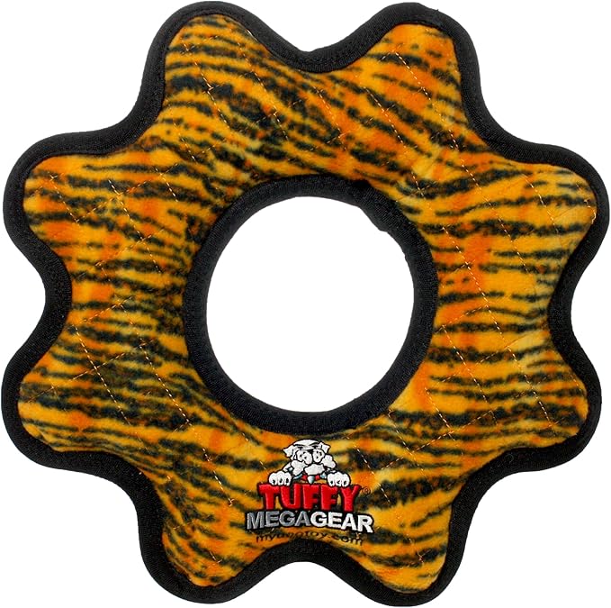 TUFFY - World's Tuffest Soft Dog Toy - MEGA -Gear Ring Tiger Multiple Layers. Made Durable, Strong & Tough. Interactive Play (Tug, Toss & Fetch). Machine Washable & Floats
