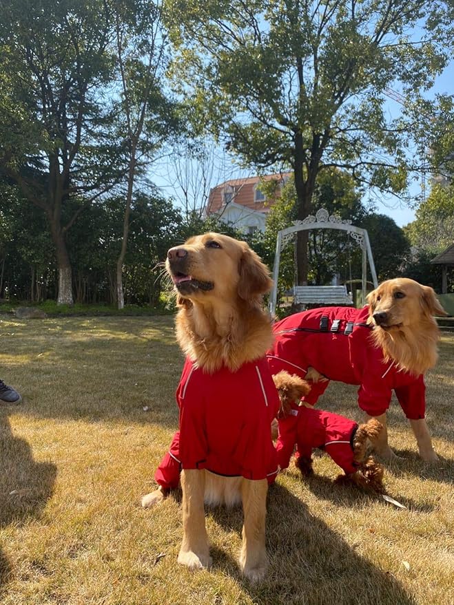 Lovelonglong Waterproof Dog Raincoat – 4-Leg Full Body Dog Rain Suit with Reflective Strips & Leash Opening, Outdoor Dog Jacket for Rainy Weather