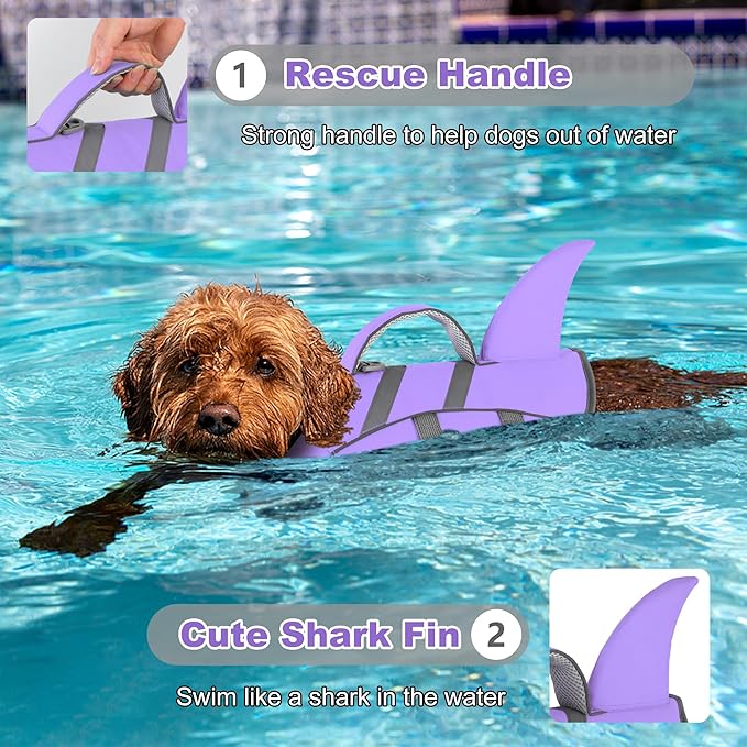 Dogcheer Dog Harness-Style Life Jacket Shark, Reflective Dog Life Vest for Swimming Boating, Puppy Swim Vest, Pet Floating Device for Small Medium Large Dogs - Taro Purple,XL