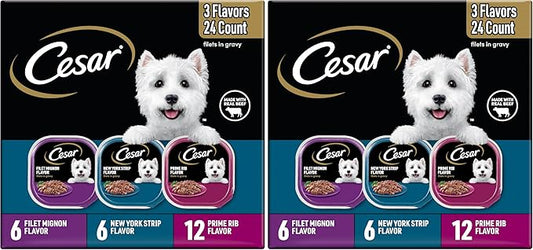Cesar Filets in Gravy Adult Wet Dog Food Variety Package,Filet Mignon,New York Strip and Prime Rib Flavors,3.5 oz. Easy Peel Trays,Variety Pack,24 Count (Pack of 2)