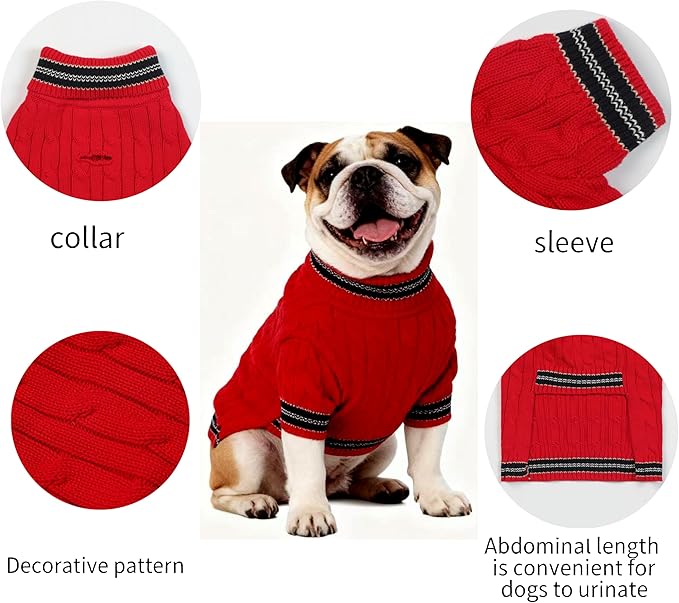 Small/Medium Dog Sweater, Warm Dog Winter Coat w/Sleeves, Comfortable High Neck & Leash Hole, Premium Dog Clothes for Bulldog-Best for Holidays, Daily Walks L Bright Red