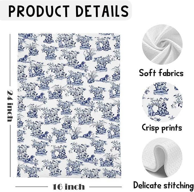 Blue Chinoiserie Golden Retriever Kitchen Towels, Golden Retriever Gifts for Women Dish Tea Towels for Kitchen, Grand Millenial Floral Dog Decorative Hand Towels for Bathroom, 16x24 Inches