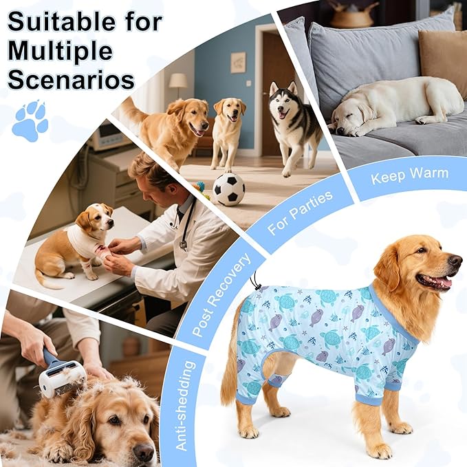 Bienbee Dog Pajamas, 4 Pack Dog Recovery Suit Shedding Suit Cute Soft Puppy Clothes Dogs Pjs Onesies Jammies Adjustable Breathable & Stretchy Clothes for Small Medium Large Dogs Girl Boy Puppy-2XL