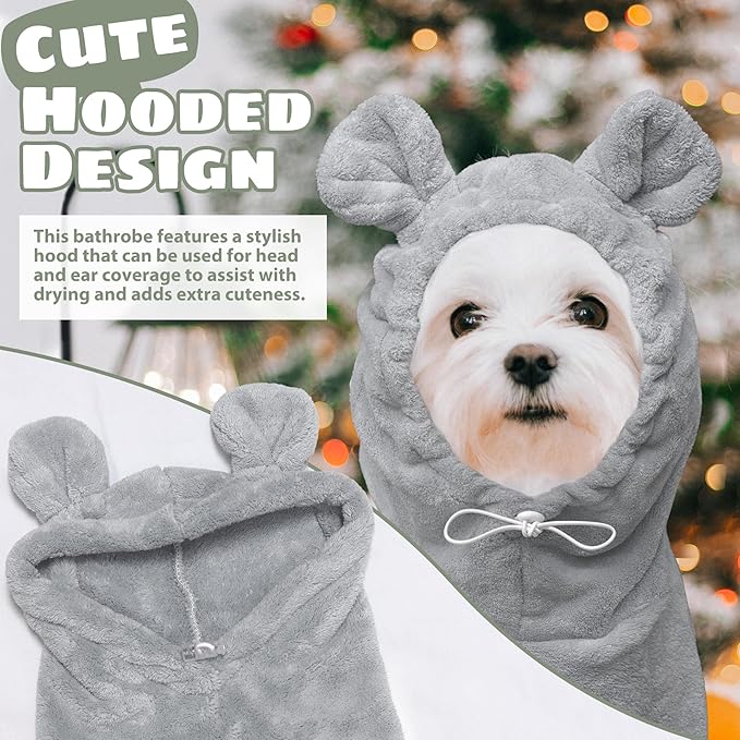 Dog Bathrobe Super Absorbent Towel Robe - Microfiber Bath Towels Fast Drying Coat for Dogs, Cute Dogs Clothes Adjustable Collar & Belly Strap Warm Keeping Hooded Dog Towel (Grey, X-Large)