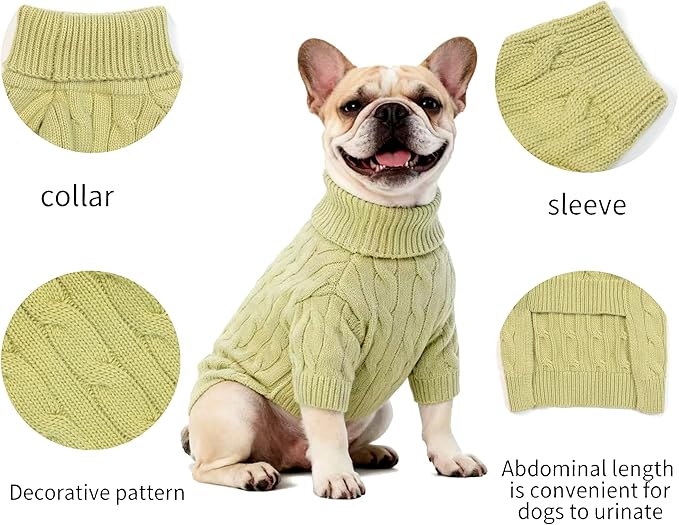Small/Medium Dog Sweater, Warm Dog Winter Coat w/Sleeves, Comfortable High Neck Premium Dog Clothes for Bulldog-Best for Holidays, Daily Walks L Light Green