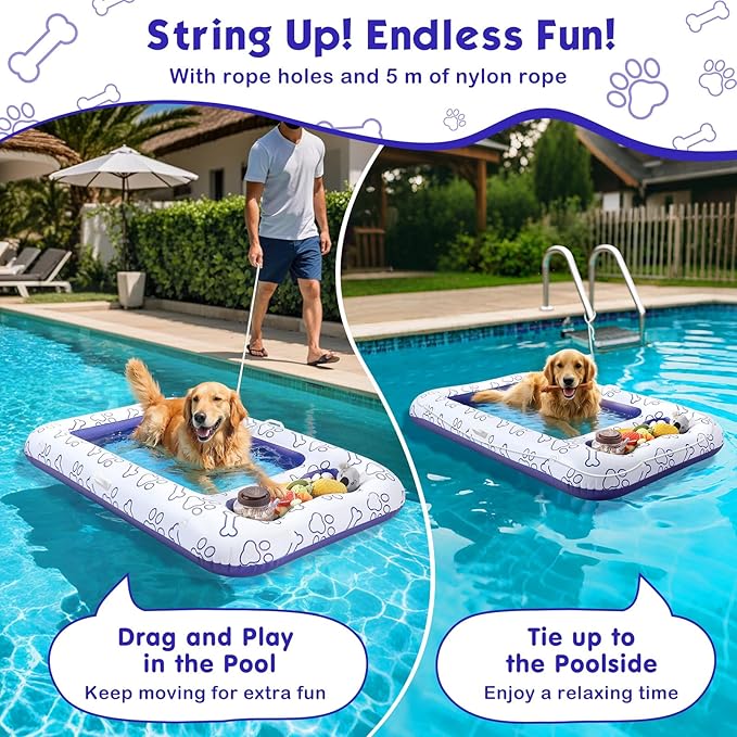 MoKo Dog Pool Float, 59 x 35 Inch Cooling Water Permeable Pet Float, Breathable Mesh Dog Pool Raft with Built-in Storage Area for Pet Toys and Food for Lake Park River Beach, White & Mesh