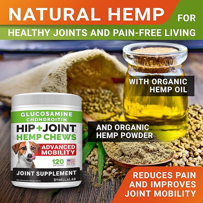 Large Breed Glucosamine Hemp Dog Joint Supplement - Hemp Chews for Dogs Hip Joint Pain Relief - Omega 3, Chondroitin, MSM - Advanced Mobility Hemp Oil Treats for Large Dogs - Made in USA - 360 Ct