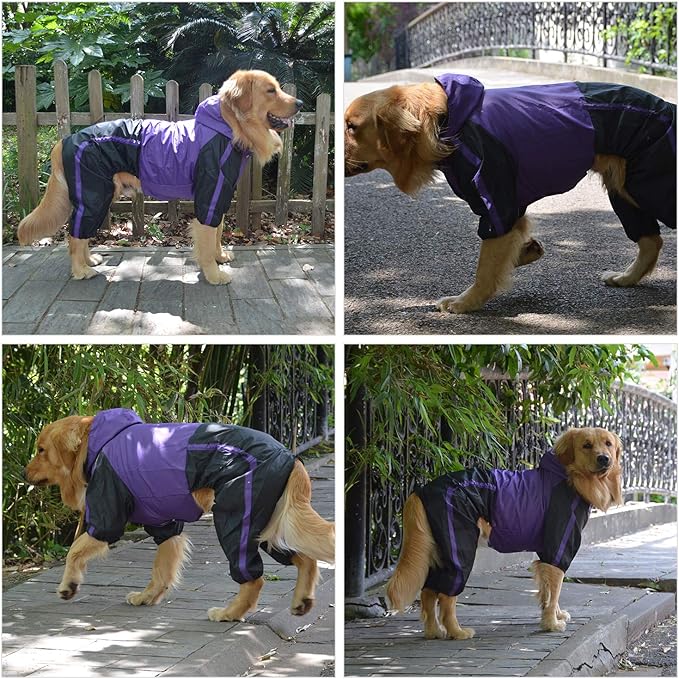 Lovelonglong Border Collie Dog Hooded Raincoat, Rain Jacket Poncho Waterproof Clothes with Hood Breathable 4 Feet Four Legs Rain Coats for Large Dogs Purple L-M+