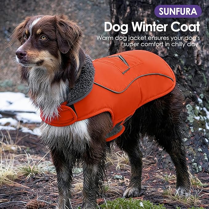 SUNFURA Large Dog Coat, Warm Dog Winter Coat Jacket with Thick Furry Collar, Adjustable Pet Fleece Jacket Turtleneck Snowsuit for Large Dogs for Chilly Day, Orange XL