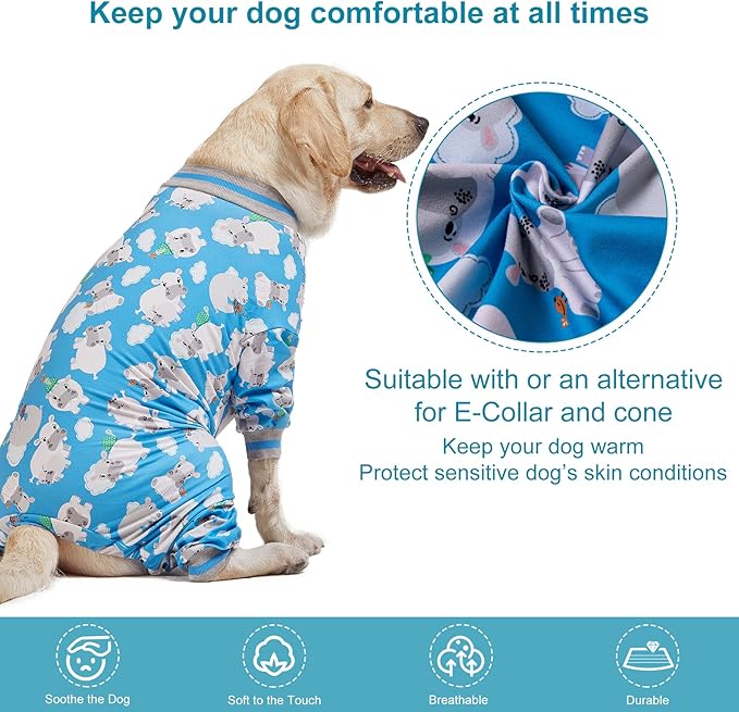 LovinPet Pitbull Pjs for Large Dogs/Cozy Dog Pajamas, Slim Fit, Lightweight Pullover/Full Coverage Dog Pjs/Happy Hippo Blue Print/Large Husky Pajamas /3XL