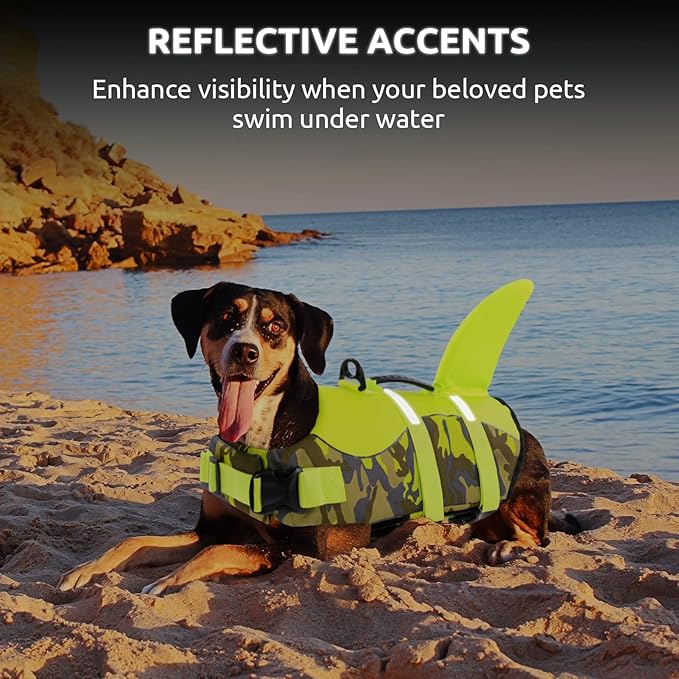 Queenmore Dog Life Jacket,Dog Life Vest for Swimming,Dog Shark Life Jacket with Rescue Handle,Adjustable Reflective Dog Life Preserver for Extra Large Dog,Camouflage 2XL